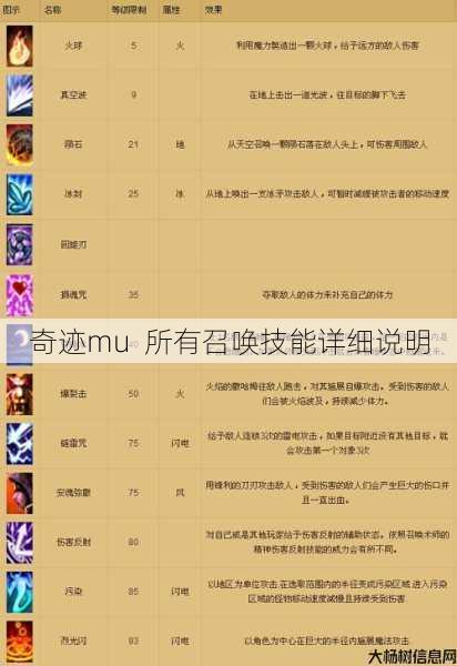 奇迹mu 所有召唤技能详细说明